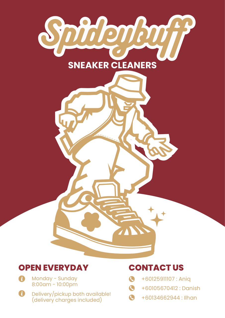 SpideyBuff sneaker-cleaner mascot in gold and white